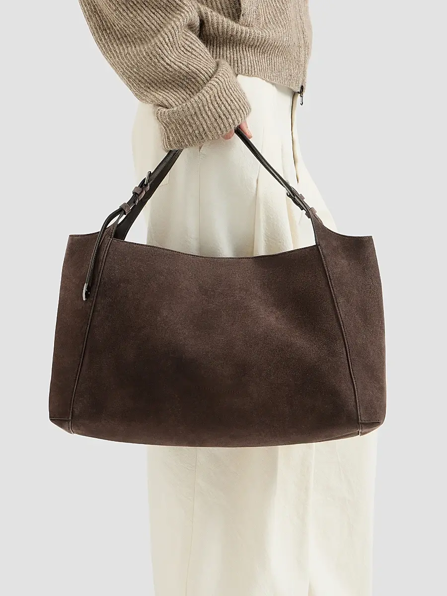 Brunello Cucinelli Women's Sartorial Shopper Bag in Suede - Pine Cone Brown | Thumbnail 2