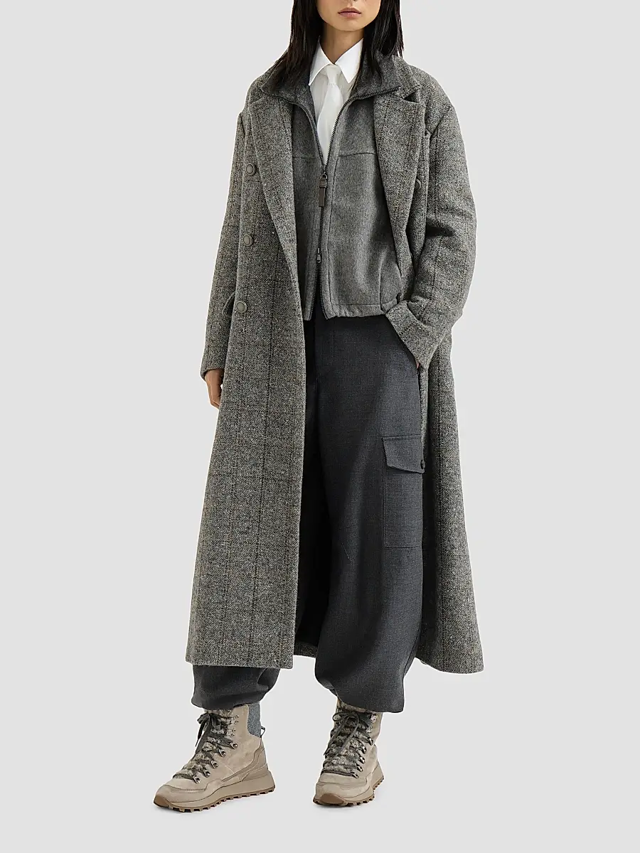 Brunello Cucinelli Women's Techno Alpaca Check Tweed Coat with Monili - Dark Grey | Thumbnail 2 Brunello Cucinelli Women's Techno Alpaca Check Tweed Coat with Monili - Dark Grey | Thumbnail 2