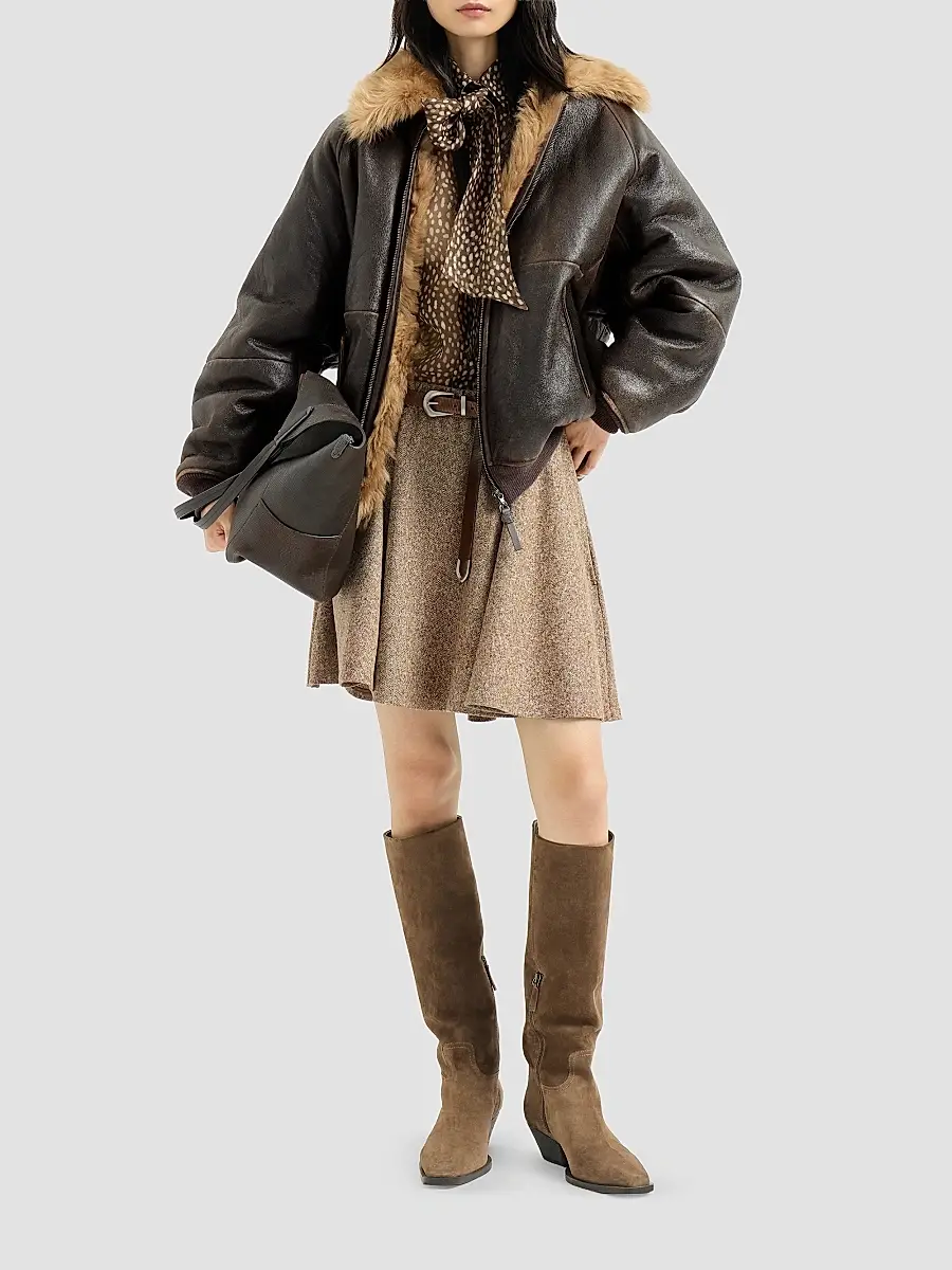 Brunello Cucinelli Women's Vintage-Effect Shearling Bomber Jacket with Shiny Zipper Pull | Thumbnail 2 Brunello Cucinelli Women's Vintage-Effect Shearling Bomber Jacket with Shiny Zipper Pull | Thumbnail 2
