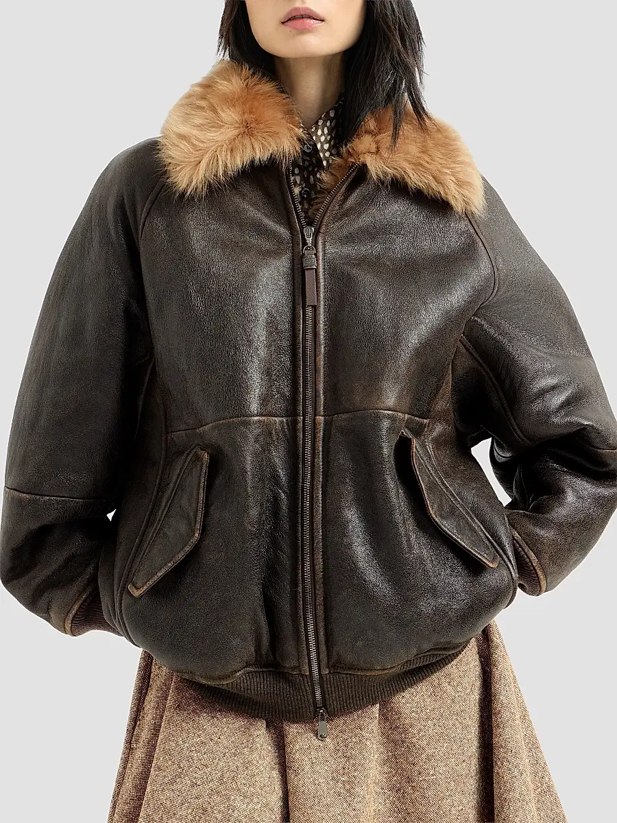Brunello Cucinelli Women's Vintage-Effect Shearling Bomber Jacket with Shiny Zipper Pull | Thumbnail 3 Brunello Cucinelli Women's Vintage-Effect Shearling Bomber Jacket with Shiny Zipper Pull | Thumbnail 3