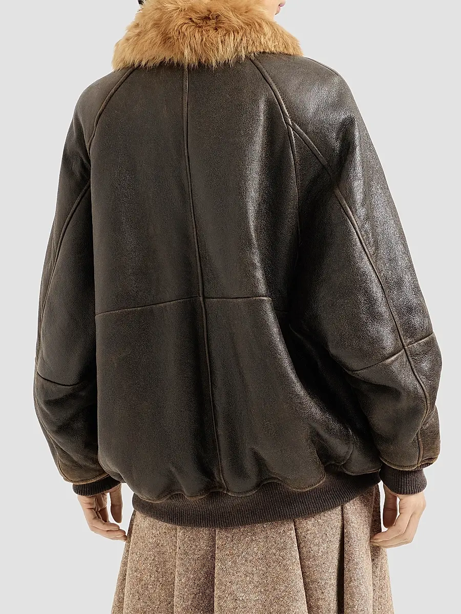 Brunello Cucinelli Women's Vintage-Effect Shearling Bomber Jacket with Shiny Zipper Pull | Thumbnail 4 Brunello Cucinelli Women's Vintage-Effect Shearling Bomber Jacket with Shiny Zipper Pull | Thumbnail 4