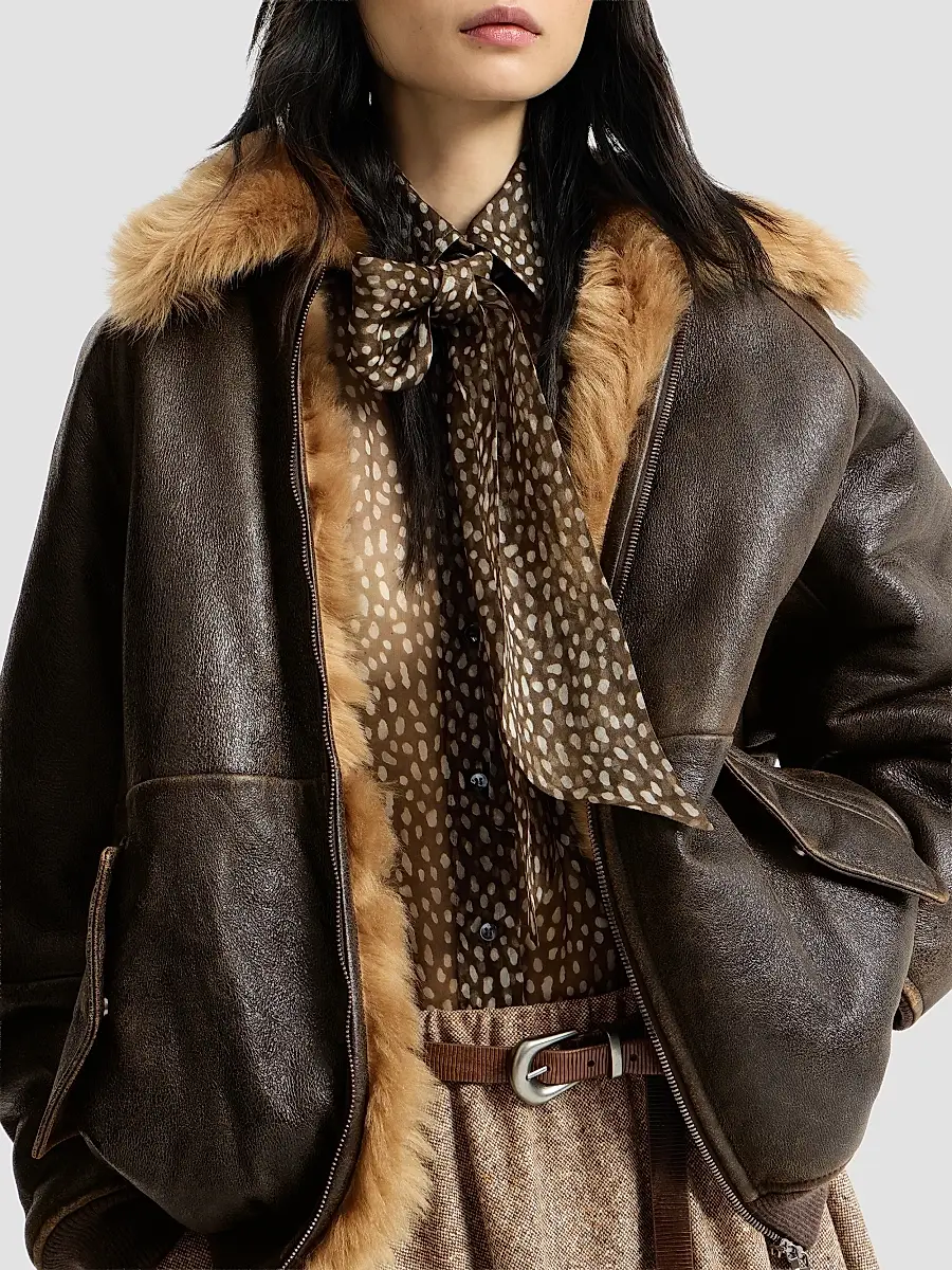 Brunello Cucinelli Women's Vintage-Effect Shearling Bomber Jacket with Shiny Zipper Pull | Thumbnail 5 Brunello Cucinelli Women's Vintage-Effect Shearling Bomber Jacket with Shiny Zipper Pull | Thumbnail 5