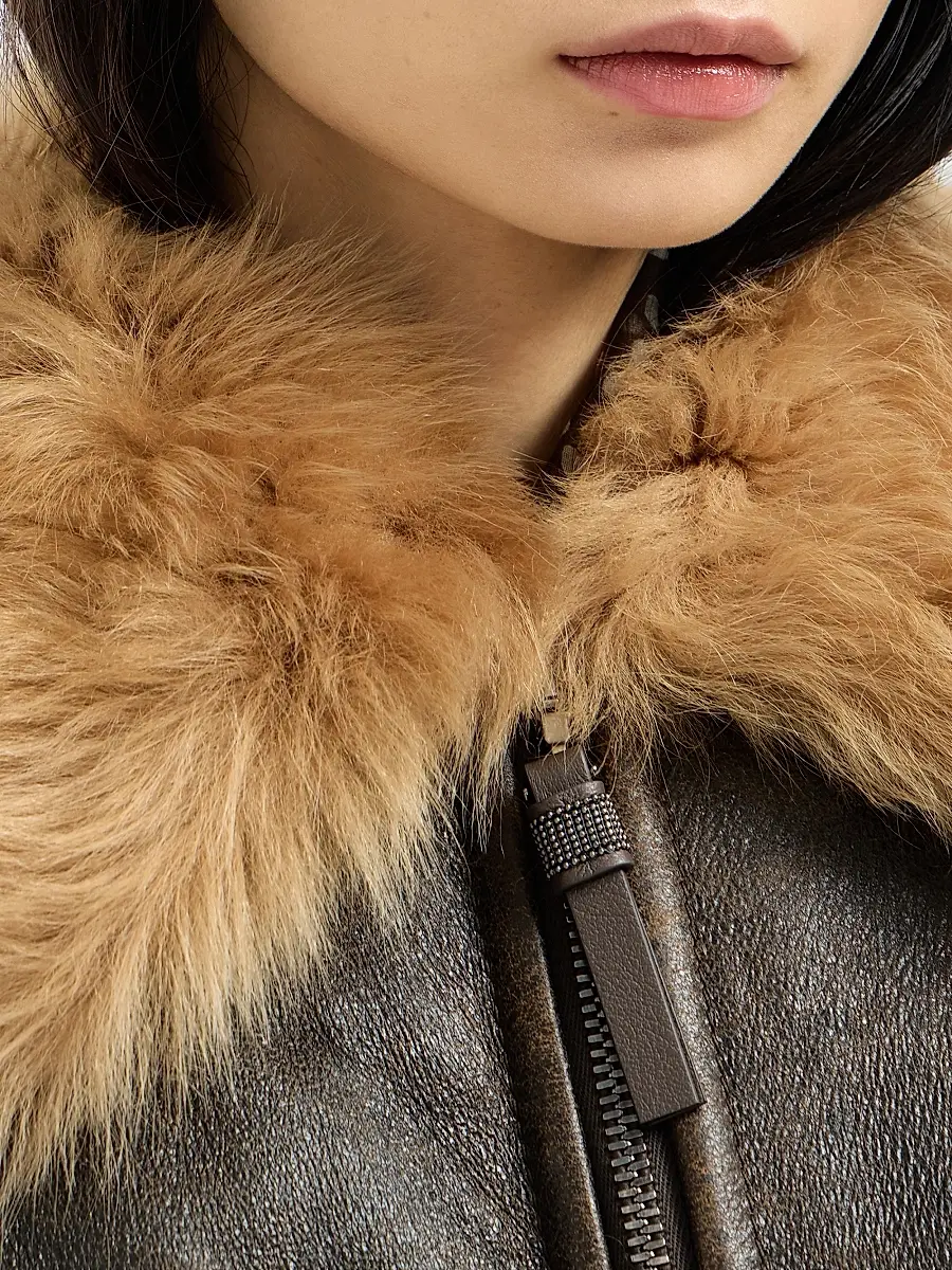 Brunello Cucinelli Women's Vintage-Effect Shearling Bomber Jacket with Shiny Zipper Pull | Thumbnail 6 Brunello Cucinelli Women's Vintage-Effect Shearling Bomber Jacket with Shiny Zipper Pull | Thumbnail 6