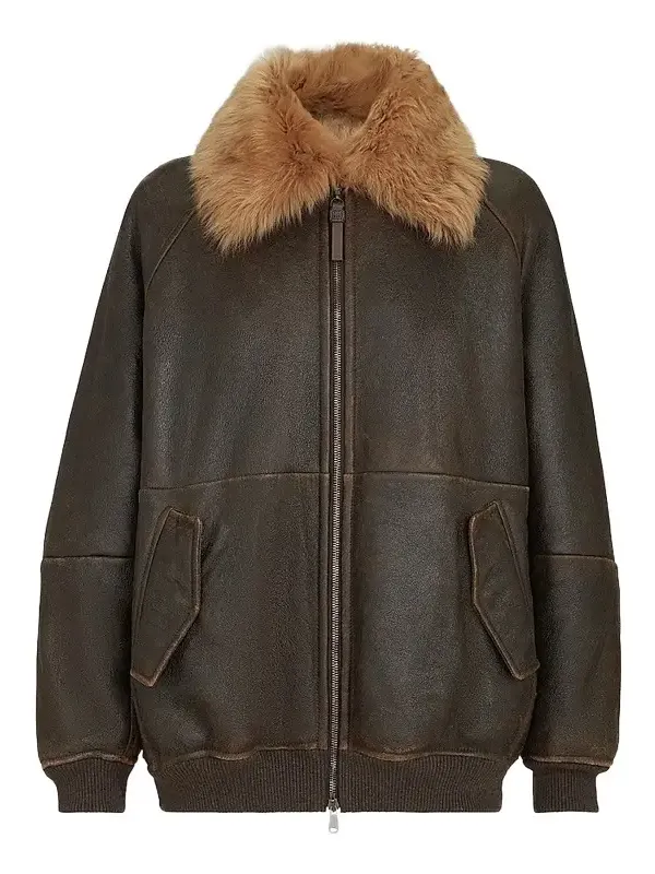 Women's Vintage-Effect Shearling Bomber Jacket with Shiny Zipper Pull