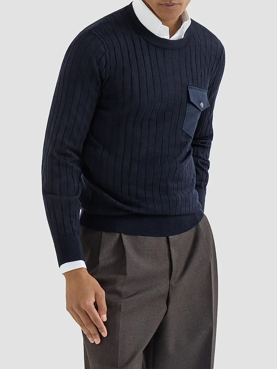 Brunello Cucinelli Men's Cashmere and Silk Ribbed Sweater with Chest Pocket - Navy Blue | Thumbnail 3 Brunello Cucinelli Men's Cashmere and Silk Ribbed Sweater with Chest Pocket - Navy Blue | Thumbnail 3