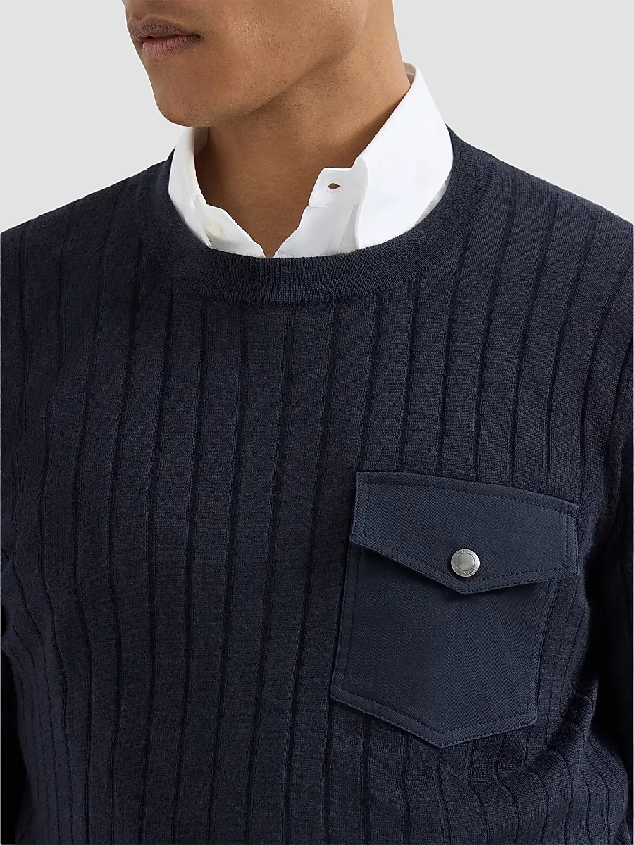 Brunello Cucinelli Men's Cashmere and Silk Ribbed Sweater with Chest Pocket - Navy Blue | Thumbnail 6 Brunello Cucinelli Men's Cashmere and Silk Ribbed Sweater with Chest Pocket - Navy Blue | Thumbnail 6