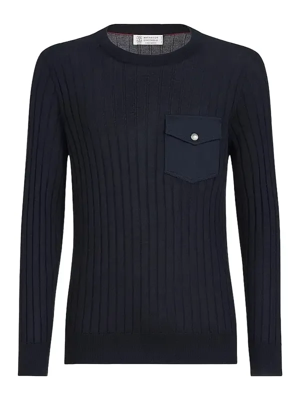 Brunello Cucinelli Men's Cashmere and Silk Ribbed Sweater with Chest Pocket - Navy Blue