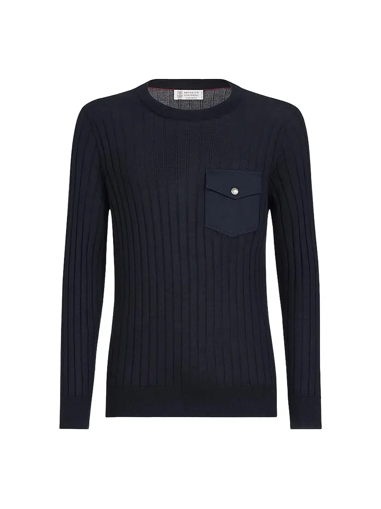 Brunello Cucinelli Men's Cashmere and Silk Ribbed Sweater with Chest Pocket - Navy Blue | Image 1 Brunello Cucinelli Men's Cashmere and Silk Ribbed Sweater with Chest Pocket - Navy Blue | Image 1
