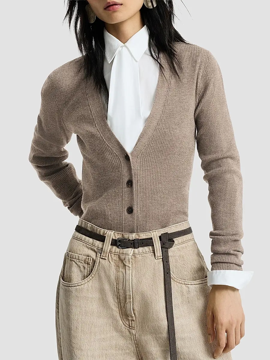 Brunello Cucinelli Women's Sparkling Cashmere Lightweight Ribbed Cardigan | Thumbnail 5 Brunello Cucinelli Women's Sparkling Cashmere Lightweight Ribbed Cardigan | Thumbnail 5