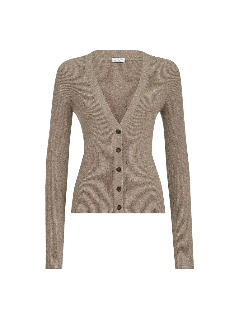 Brunello Cucinelli Women's Sparkling Cashmere Lightweight Ribbed Cardigan - Rope | Image 1 Brunello Cucinelli Women's Sparkling Cashmere Lightweight Ribbed Cardigan - Rope | Image 1
