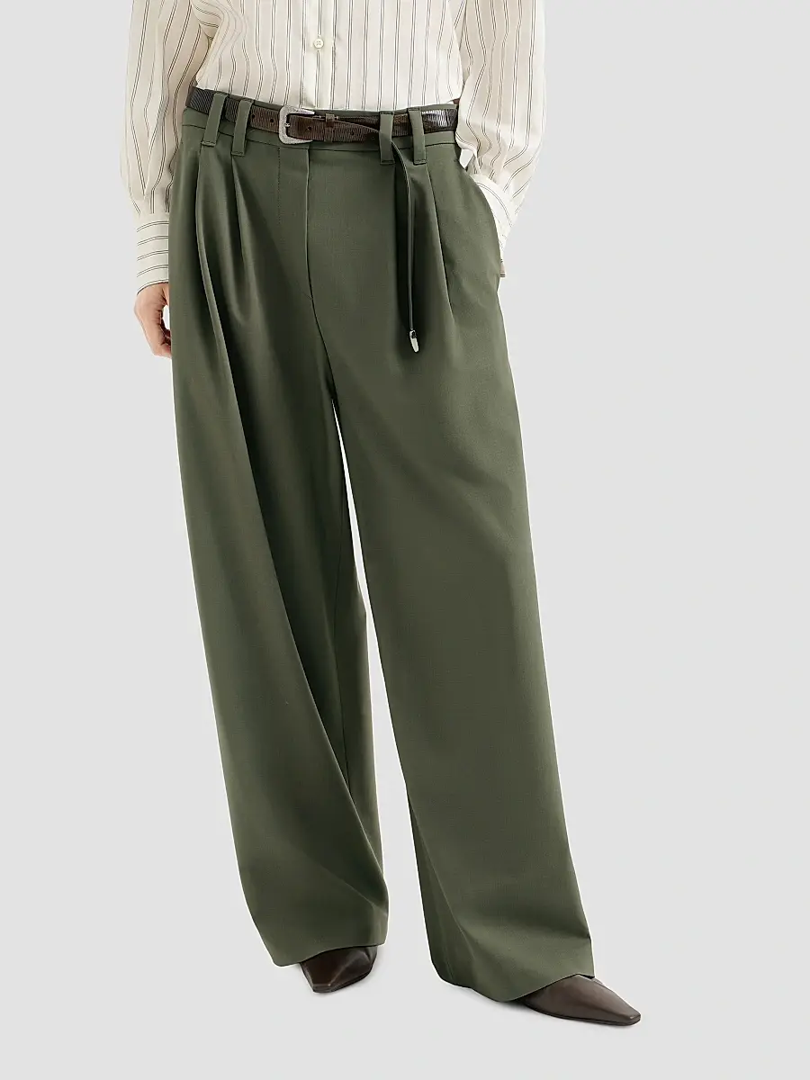 Brunello Cucinelli Women's Tropical Luxury Wool Tailored Trousers with Monili - Green | Thumbnail 3