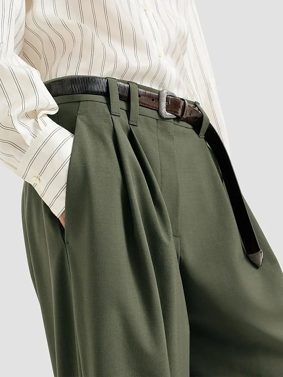 Brunello Cucinelli Women's Tropical Luxury Wool Tailored Trousers with Monili - Green | Thumbnail 6