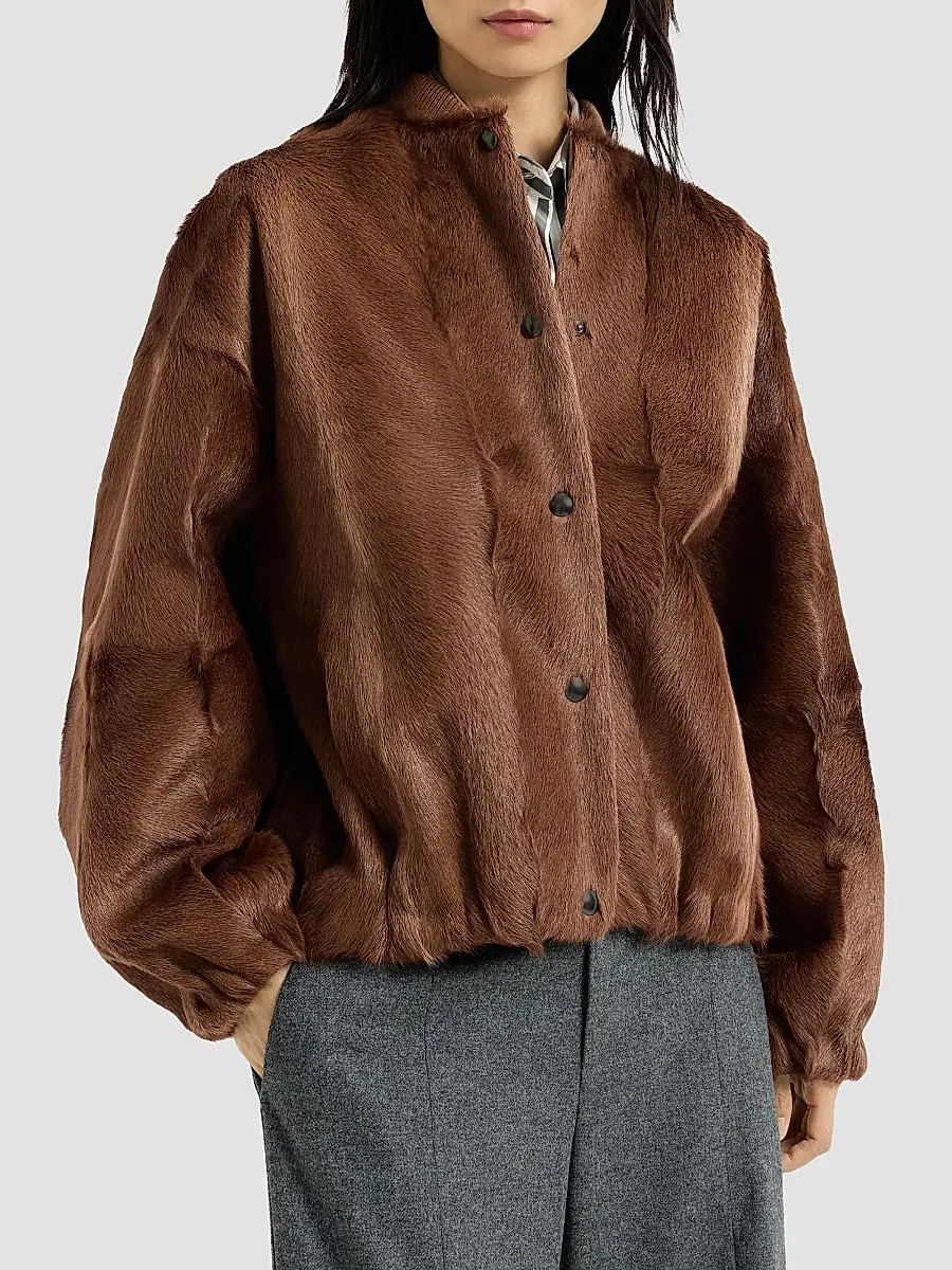 Brunello Cucinelli Women's Cashmere Shearling Bomber Jacket with Monili - Mahogany | Thumbnail 2