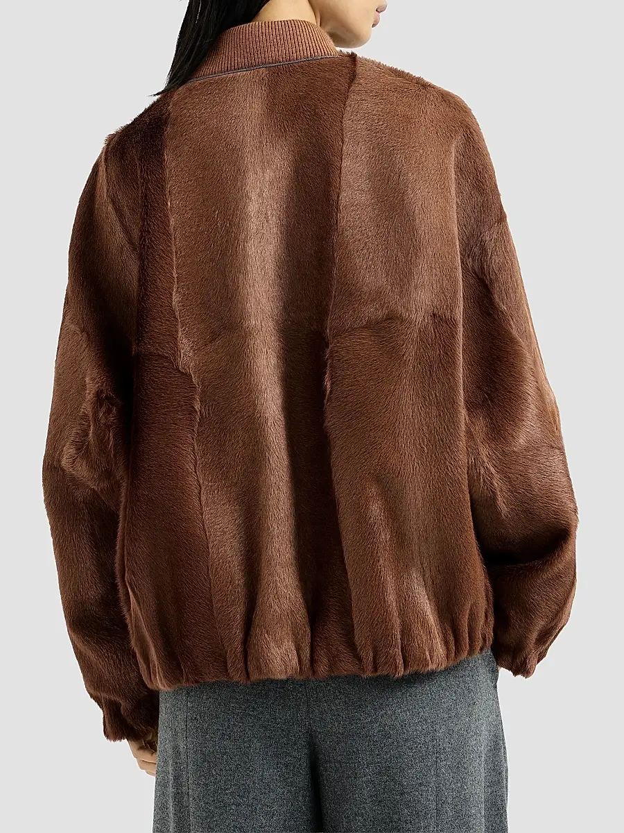 Brunello Cucinelli Women's Cashmere Shearling Bomber Jacket with Monili - Mahogany | Thumbnail 3