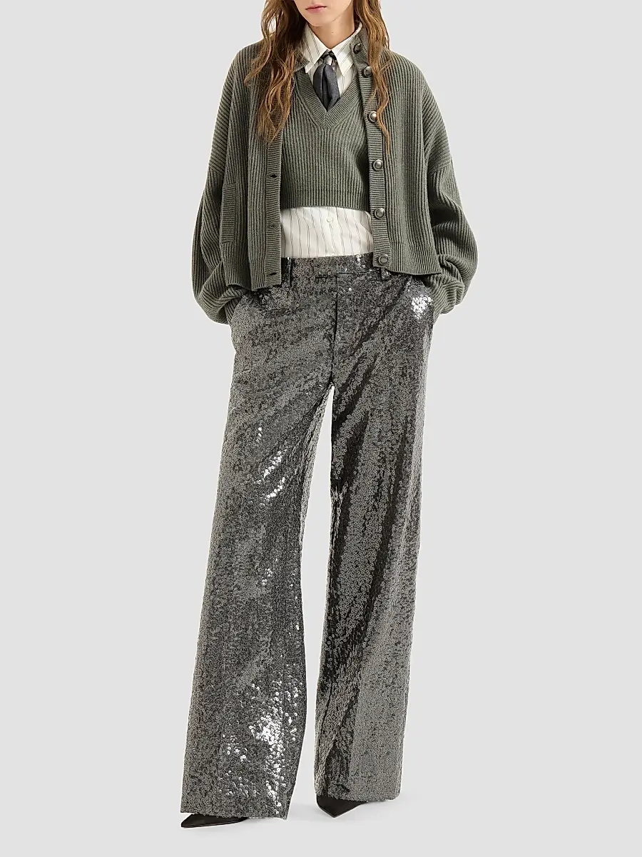 Brunello Cucinelli Women's Dazzling Texture Embroidery Loose Flared Trousers | Thumbnail 2 Brunello Cucinelli Women's Dazzling Texture Embroidery Loose Flared Trousers | Thumbnail 2