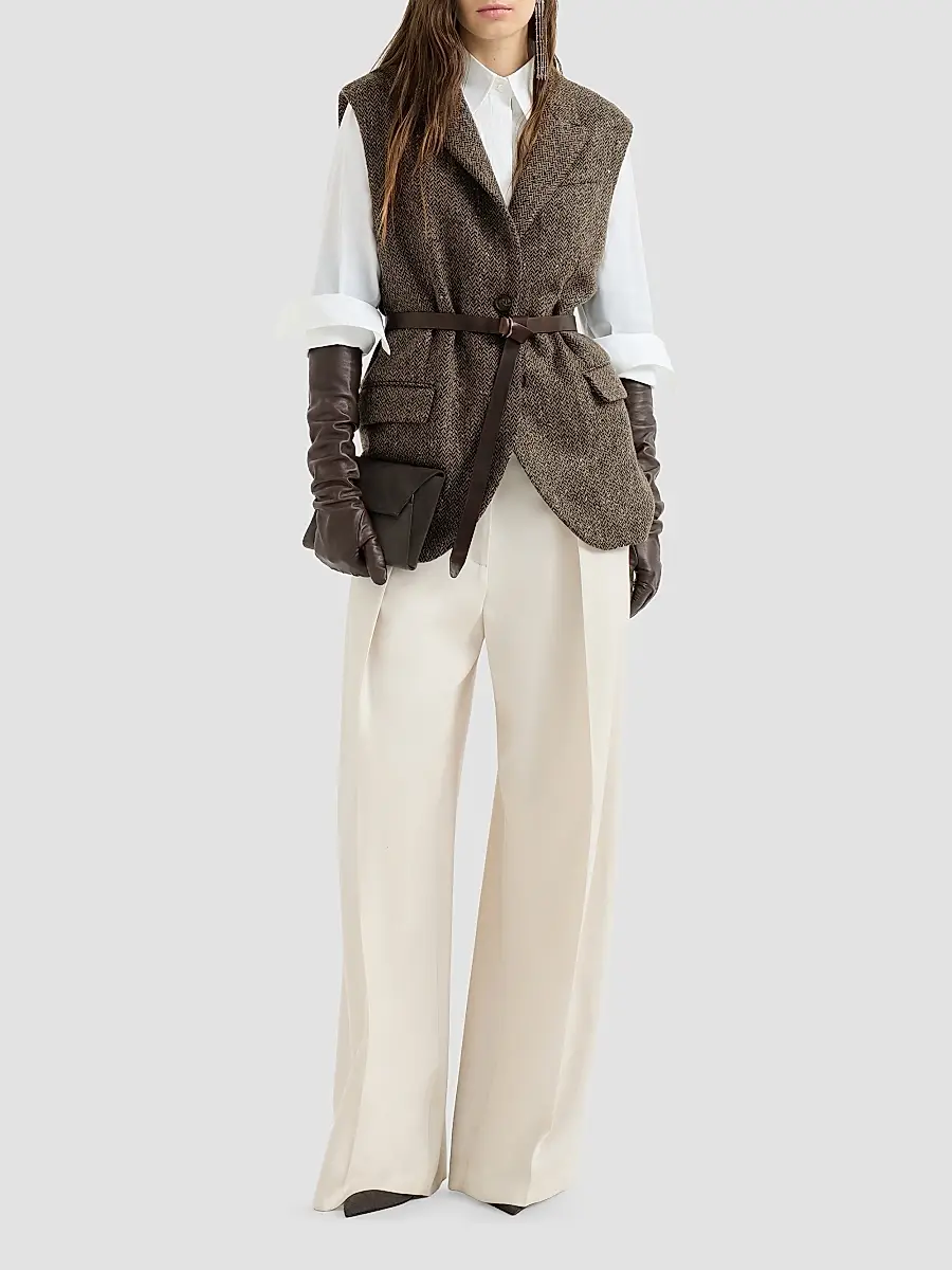 Brunello Cucinelli Women's Virgin Wool Gabardine Pleated Barrel Trousers with Monili - Milk | Thumbnail 2 Brunello Cucinelli Women's Virgin Wool Gabardine Pleated Barrel Trousers with Monili - Milk | Thumbnail 2