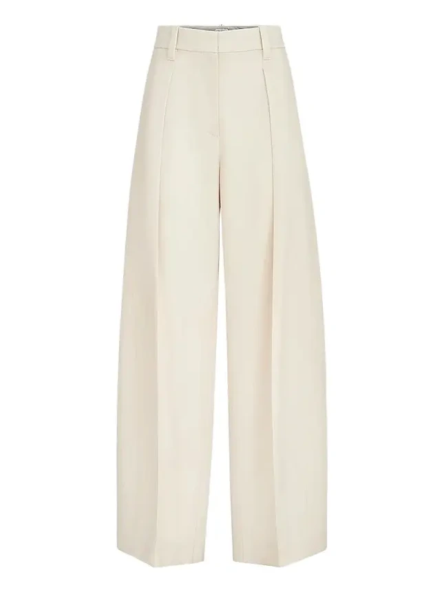 Women's Virgin Wool Gabardine Pleated Barrel Trousers with Monili - Milk Women's Virgin Wool Gabardine Pleated Barrel Trousers with Monili - Milk