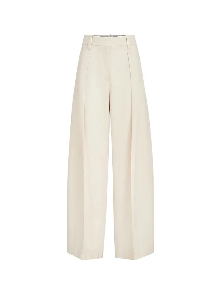 Brunello Cucinelli Women's Virgin Wool Gabardine Pleated Barrel Trousers with Monili - Milk | Image 1 Brunello Cucinelli Women's Virgin Wool Gabardine Pleated Barrel Trousers with Monili - Milk | Image 1