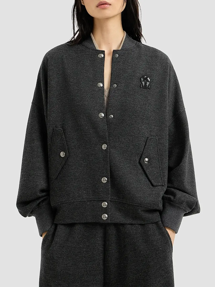 Brunello Cucinelli Women's Cashmere Interlock Bomber-Style Sweatshirt with Logo - Anthracite | Thumbnail 3 Brunello Cucinelli Women's Cashmere Interlock Bomber-Style Sweatshirt with Logo - Anthracite | Thumbnail 3