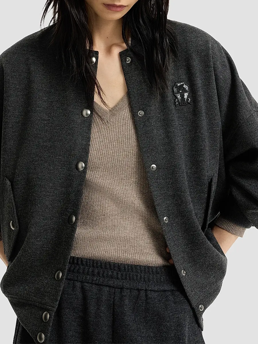 Brunello Cucinelli Women's Cashmere Interlock Bomber-Style Sweatshirt with Logo - Anthracite | Thumbnail 5 Brunello Cucinelli Women's Cashmere Interlock Bomber-Style Sweatshirt with Logo - Anthracite | Thumbnail 5