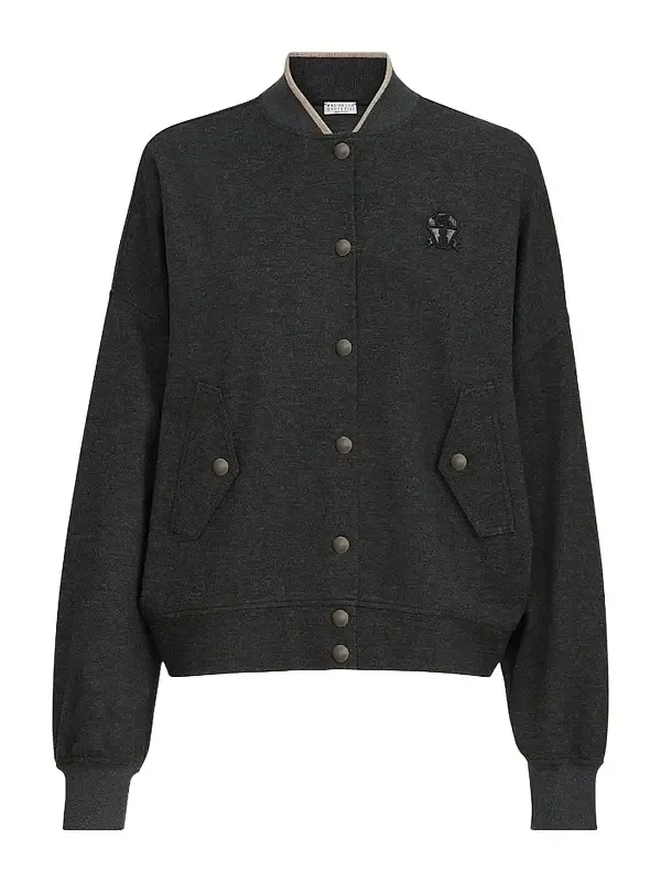 Women's Cashmere Interlock Bomber-Style Sweatshirt with Logo - Anthracite