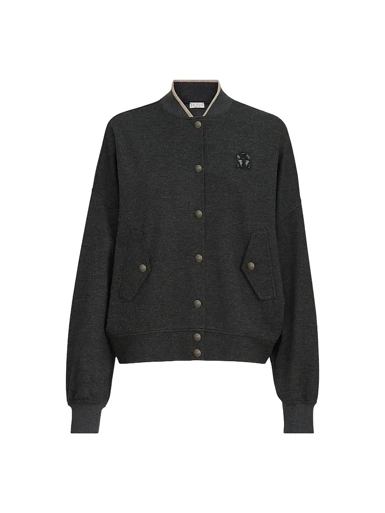 Brunello Cucinelli Women's Cashmere Interlock Bomber-Style Sweatshirt with Logo - Anthracite - Size XXXL | Image 1 Brunello Cucinelli Women's Cashmere Interlock Bomber-Style Sweatshirt with Logo - Anthracite - Size XXXL | Image 1