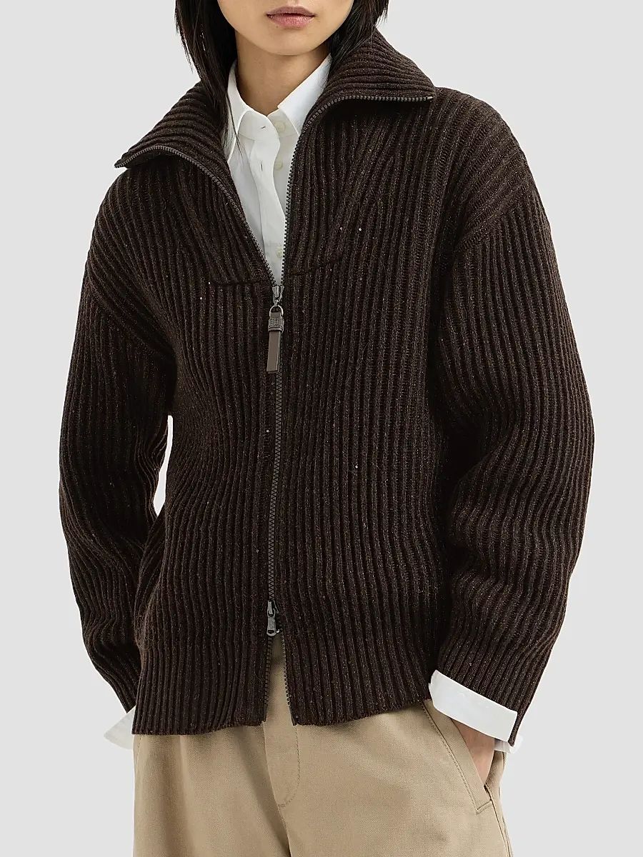 Brunello Cucinelli Women's Cashmere and Wool Ribbed Cardigan with Shiny Zipper Pull | Thumbnail 3