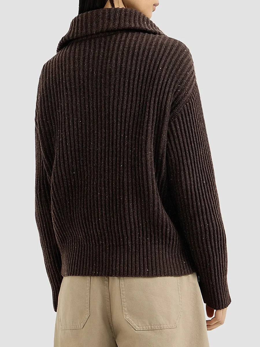 Brunello Cucinelli Women's Cashmere and Wool Ribbed Cardigan with Shiny Zipper Pull | Thumbnail 4