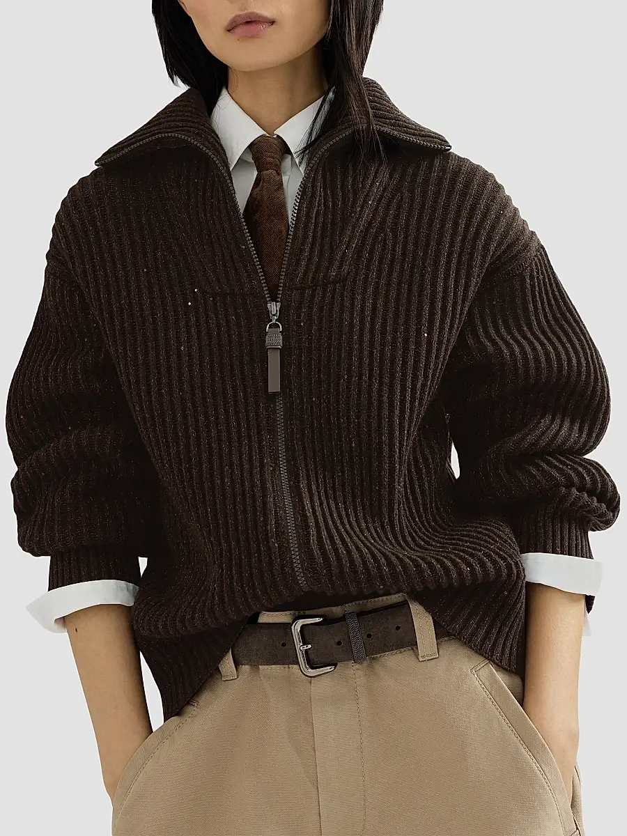 Brunello Cucinelli Women's Cashmere and Wool Ribbed Cardigan with Shiny Zipper Pull | Thumbnail 5