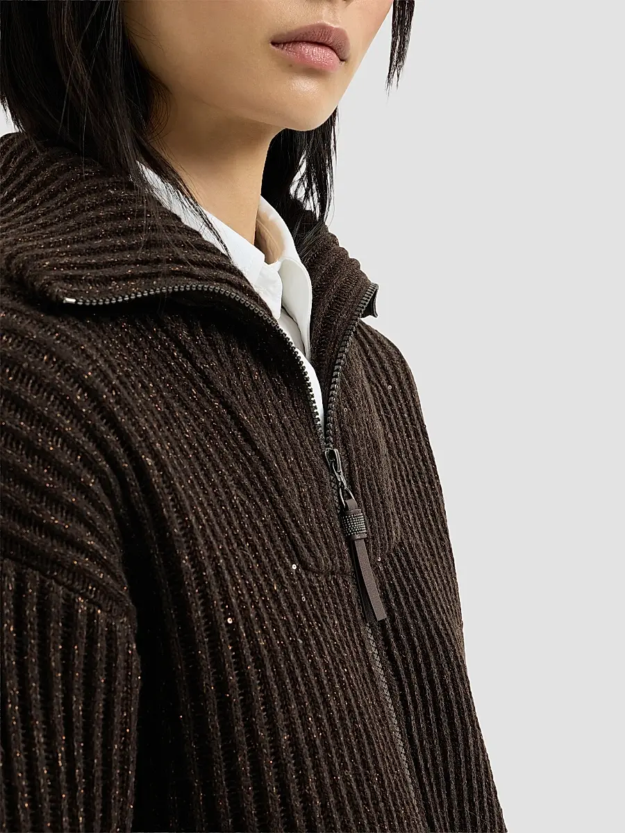 Brunello Cucinelli Women's Cashmere and Wool Ribbed Cardigan with Shiny Zipper Pull | Thumbnail 6