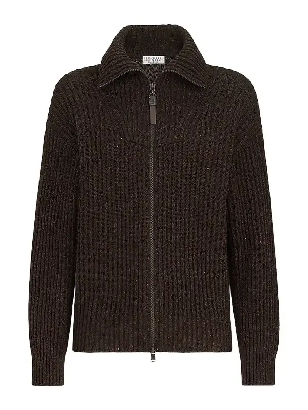 Women's Cashmere and Wool Ribbed Cardigan with Shiny Zipper Pull