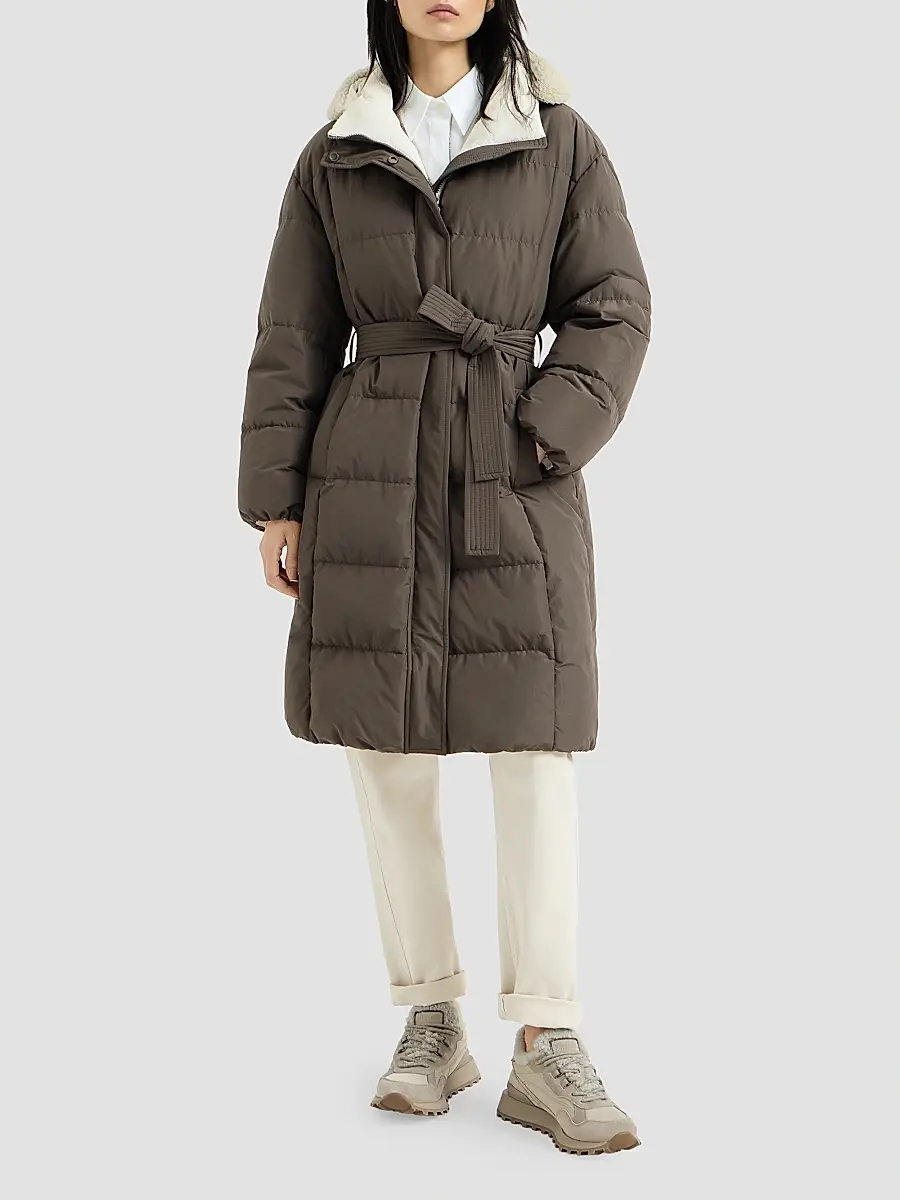 Brunello Cucinelli Women's Techno Cotton Taffeta Down Coat with Shearling Inserts - Brown | Thumbnail 2 Brunello Cucinelli Women's Techno Cotton Taffeta Down Coat with Shearling Inserts - Brown | Thumbnail 2