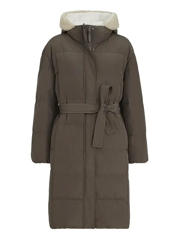 Women's Techno Cotton Taffeta Down Coat with Shearling Inserts - Brown