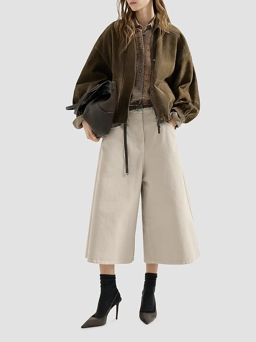 Brunello Cucinelli Women's Dyed Denim Wide Cropped Trousers with Monili - Sand | Thumbnail 2