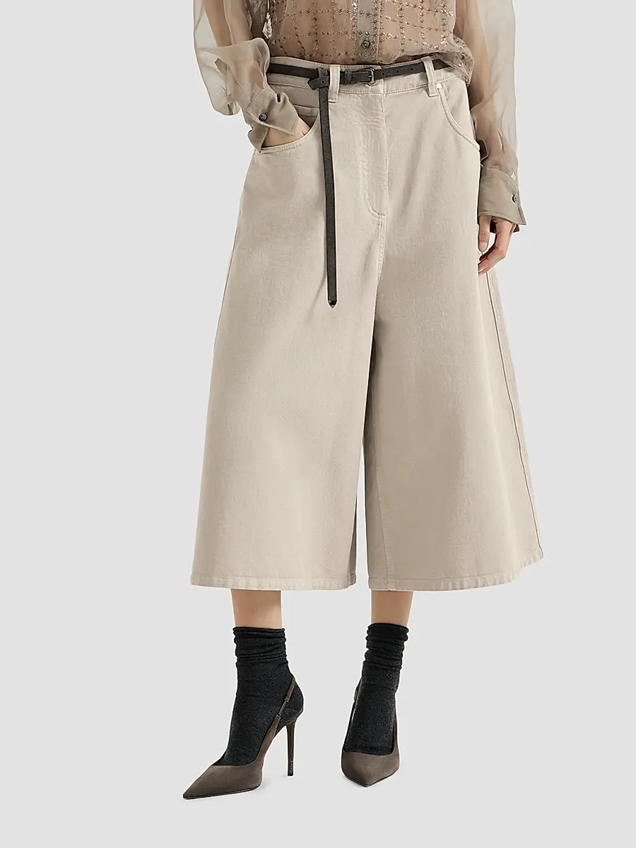 Brunello Cucinelli Women's Dyed Denim Wide Cropped Trousers with Monili - Sand | Thumbnail 3