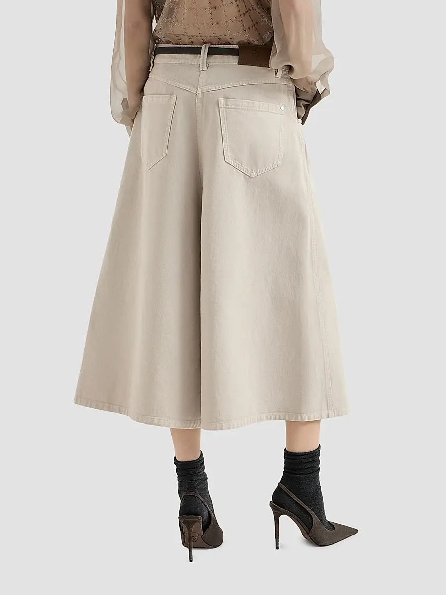 Brunello Cucinelli Women's Dyed Denim Wide Cropped Trousers with Monili - Sand | Thumbnail 4
