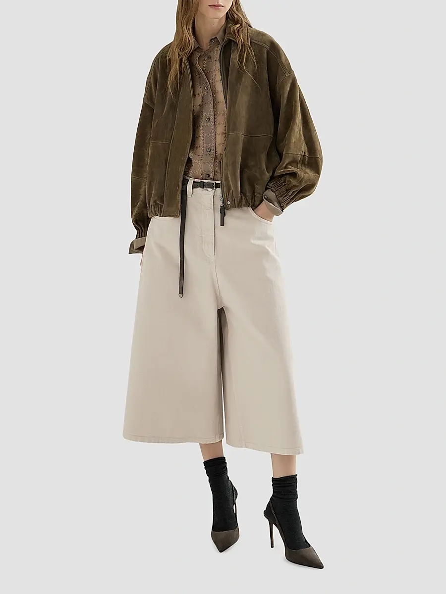 Brunello Cucinelli Women's Dyed Denim Wide Cropped Trousers with Monili - Sand | Thumbnail 5