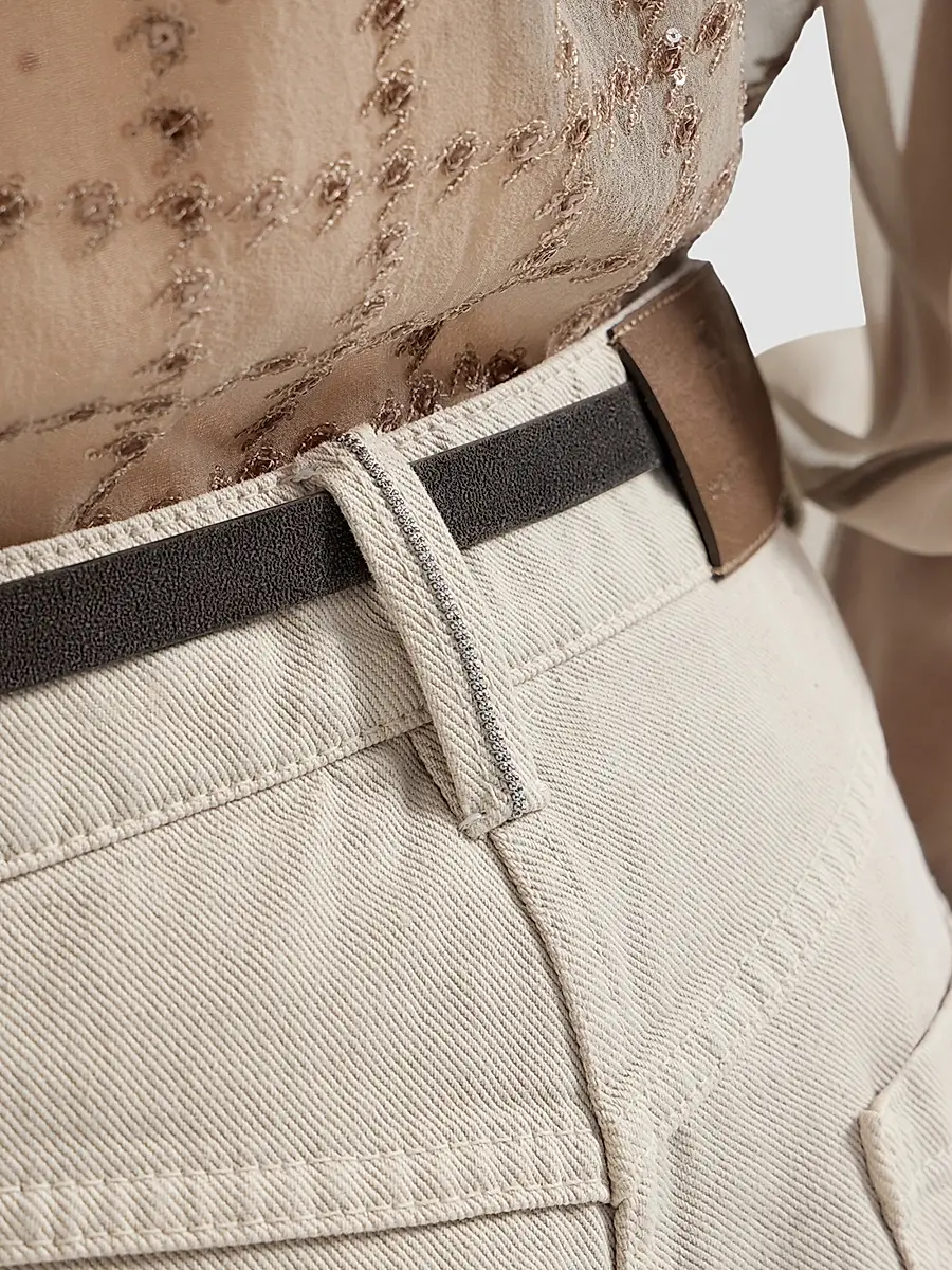 Brunello Cucinelli Women's Dyed Denim Wide Cropped Trousers with Monili - Sand | Thumbnail 6