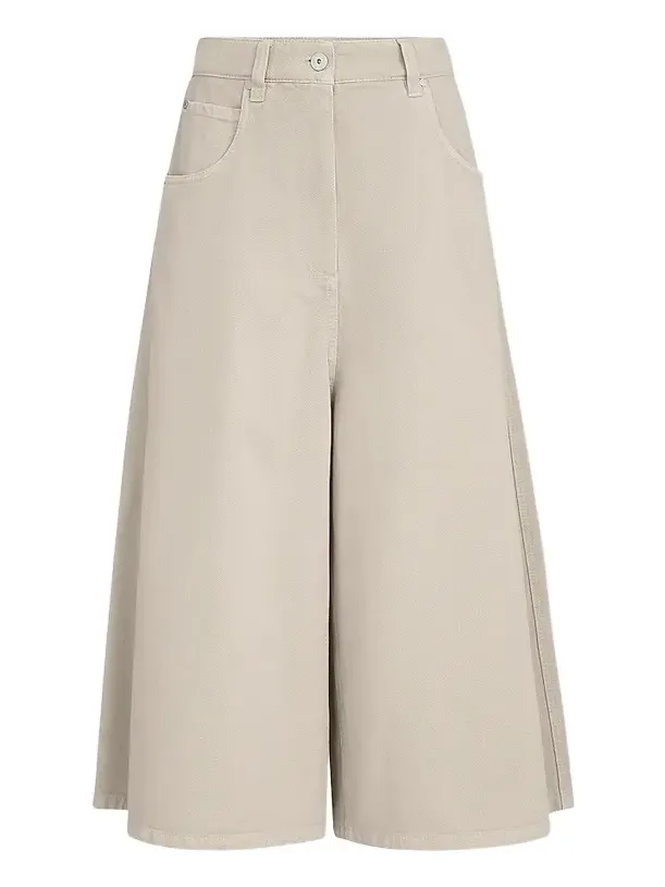 Women's Dyed Denim Wide Cropped Trousers with Monili - Sand
