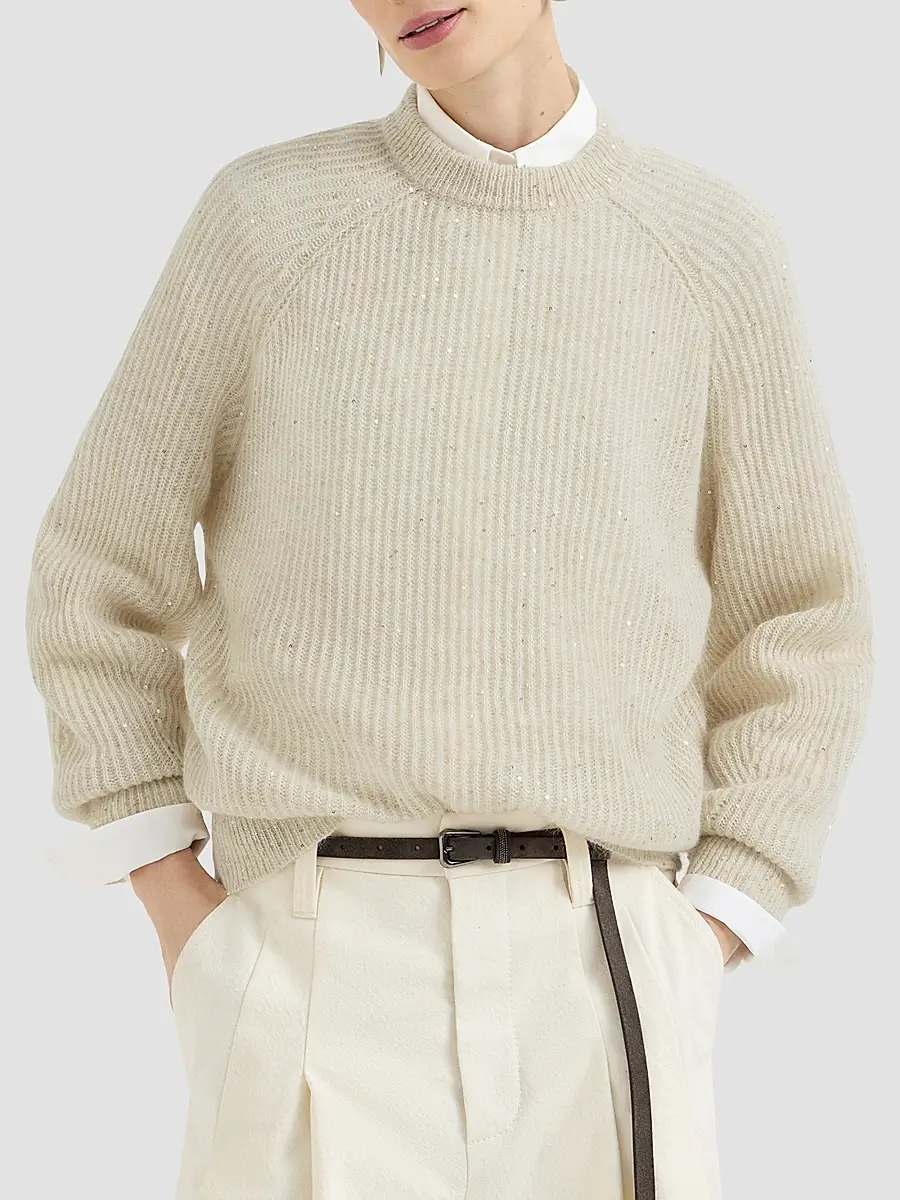 Brunello Cucinelli Women's Mohair, Cotton and Wool Diamond Yarn English Rib Sweater | Thumbnail 3 Brunello Cucinelli Women's Mohair, Cotton and Wool Diamond Yarn English Rib Sweater | Thumbnail 3