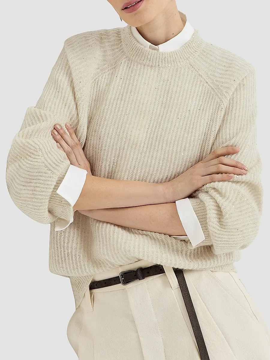 Brunello Cucinelli Women's Mohair, Cotton and Wool Diamond Yarn English Rib Sweater | Thumbnail 5 Brunello Cucinelli Women's Mohair, Cotton and Wool Diamond Yarn English Rib Sweater | Thumbnail 5