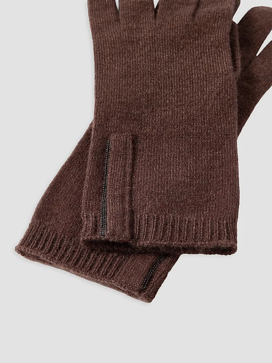 Brunello Cucinelli Women's Cashmere Knit Gloves with Monili - Brown | Thumbnail 3 Brunello Cucinelli Women's Cashmere Knit Gloves with Monili - Brown | Thumbnail 3