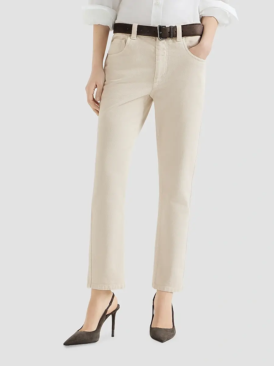 Brunello Cucinelli Women's Dyed Denim Five-Pocket Straight Jeans with Shiny Bartack - Milk | Thumbnail 3