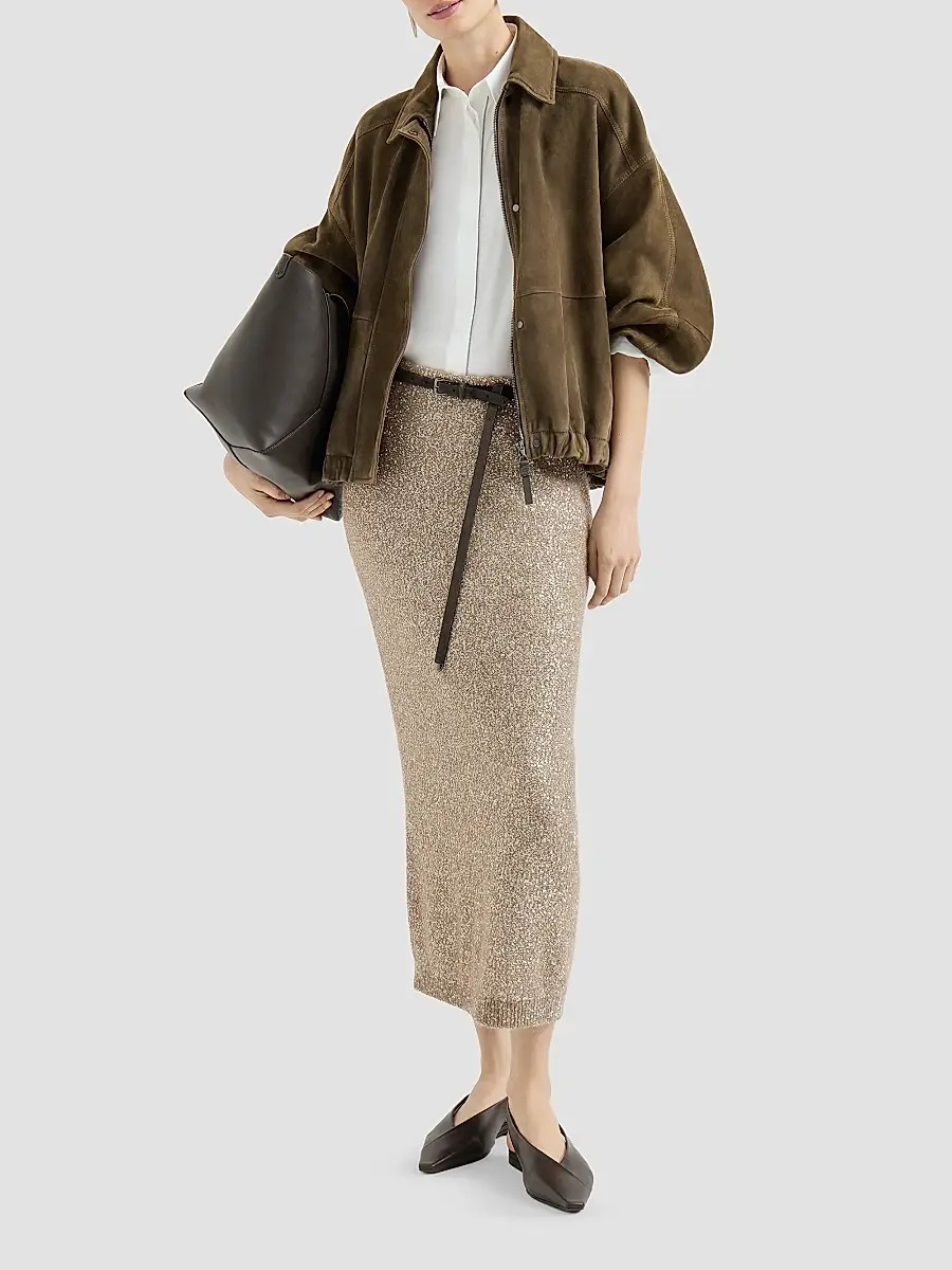 Brunello Cucinelli Women's Mohair and Wool Dazzling Texture Knit Skirt with Monili - Light Brown | Thumbnail 2 Brunello Cucinelli Women's Mohair and Wool Dazzling Texture Knit Skirt with Monili - Light Brown | Thumbnail 2