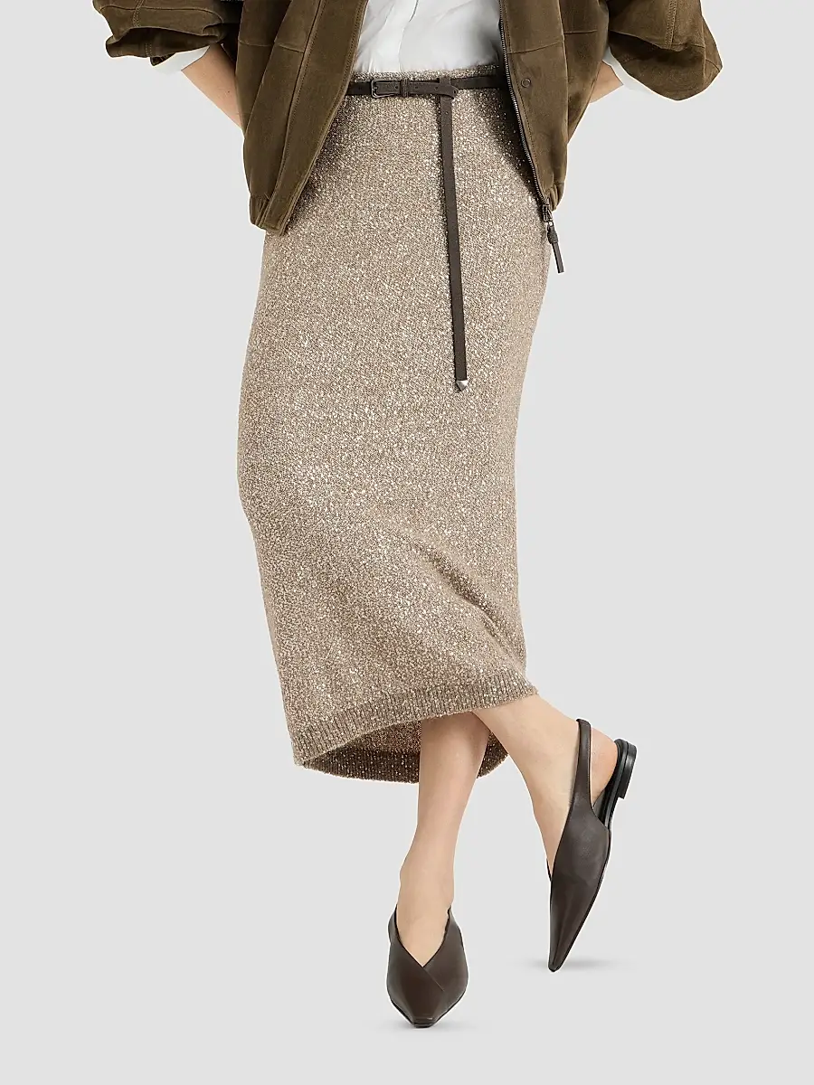 Brunello Cucinelli Women's Mohair and Wool Dazzling Texture Knit Skirt with Monili - Light Brown | Thumbnail 5 Brunello Cucinelli Women's Mohair and Wool Dazzling Texture Knit Skirt with Monili - Light Brown | Thumbnail 5
