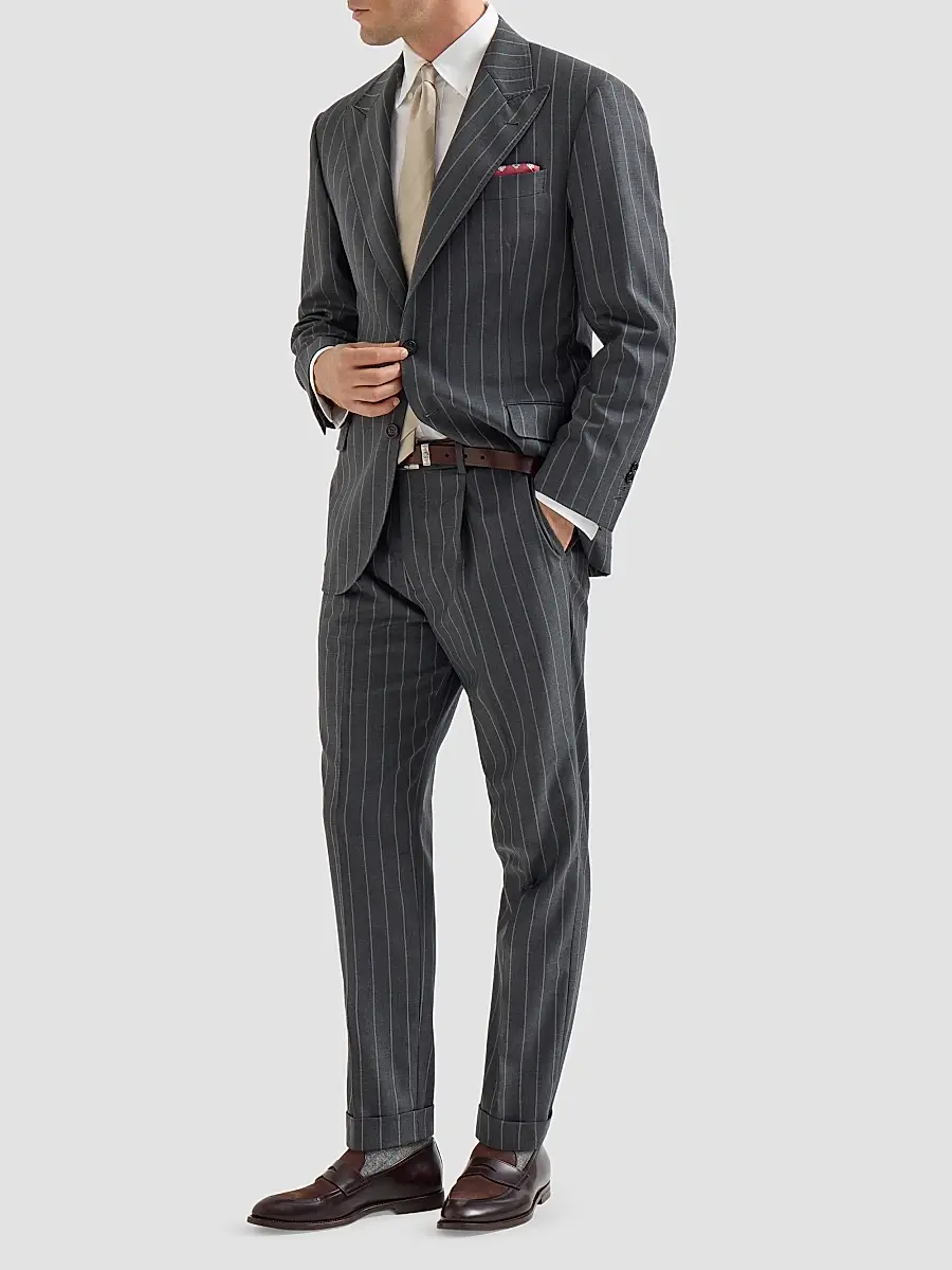 Brunello Cucinelli Men's Super 150s Virgin Wool Wide Chalk Stripe Batavia Tailor Blazer | Thumbnail 2 Brunello Cucinelli Men's Super 150s Virgin Wool Wide Chalk Stripe Batavia Tailor Blazer | Thumbnail 2