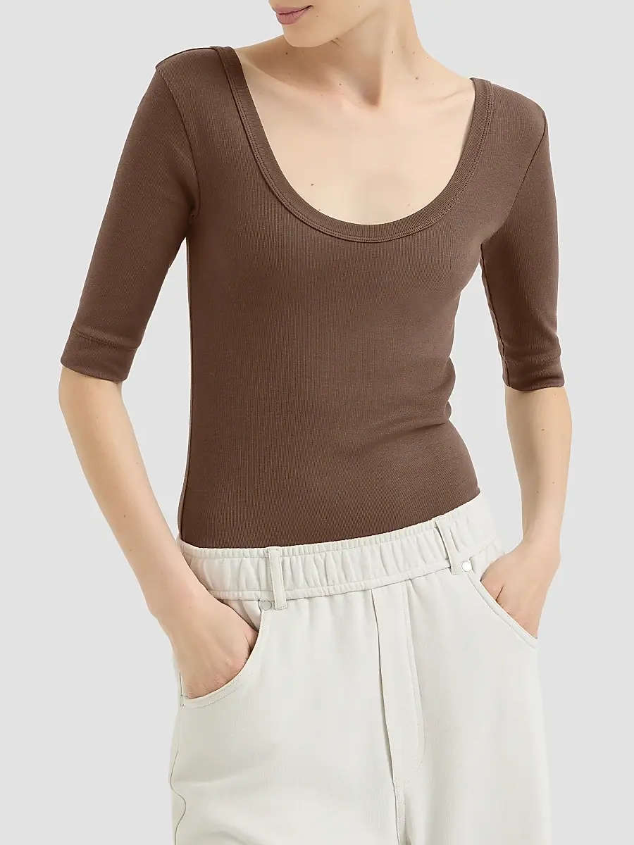 Brunello Cucinelli Women's Stretch Cotton Ribbed Jersey T-Shirt with Monili - Pine Cone Brown | Thumbnail 3