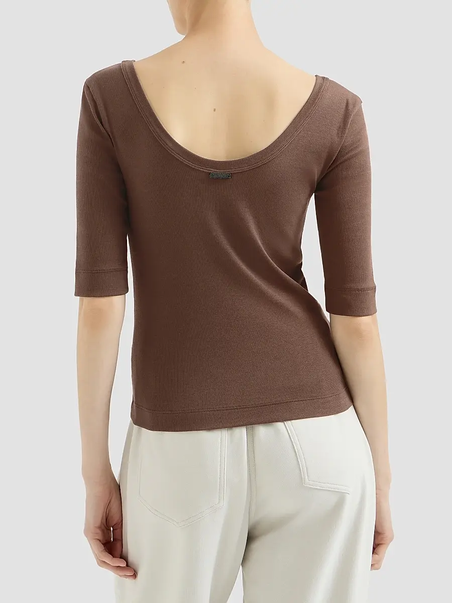 Brunello Cucinelli Women's Stretch Cotton Ribbed Jersey T-Shirt with Monili - Pine Cone Brown | Thumbnail 4