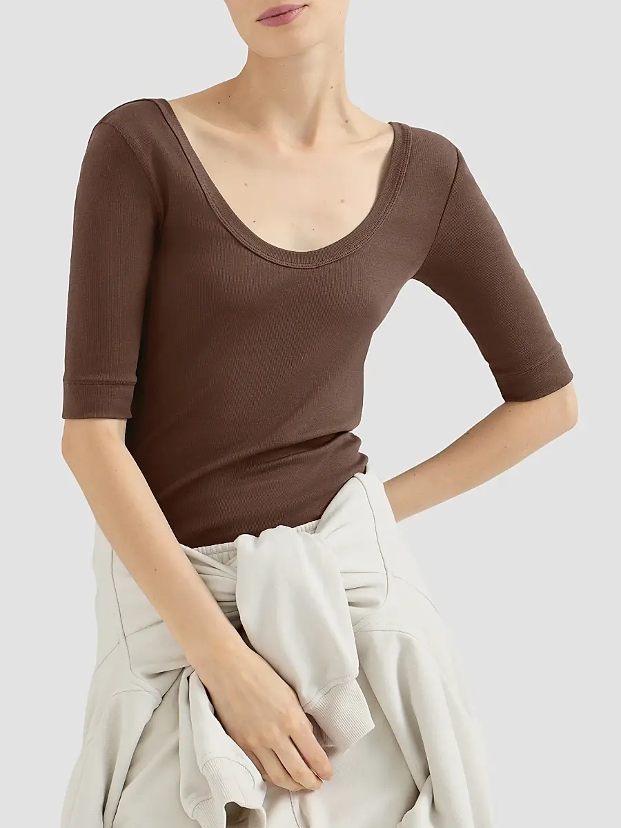 Brunello Cucinelli Women's Stretch Cotton Ribbed Jersey T-Shirt with Monili - Pine Cone Brown | Thumbnail 5