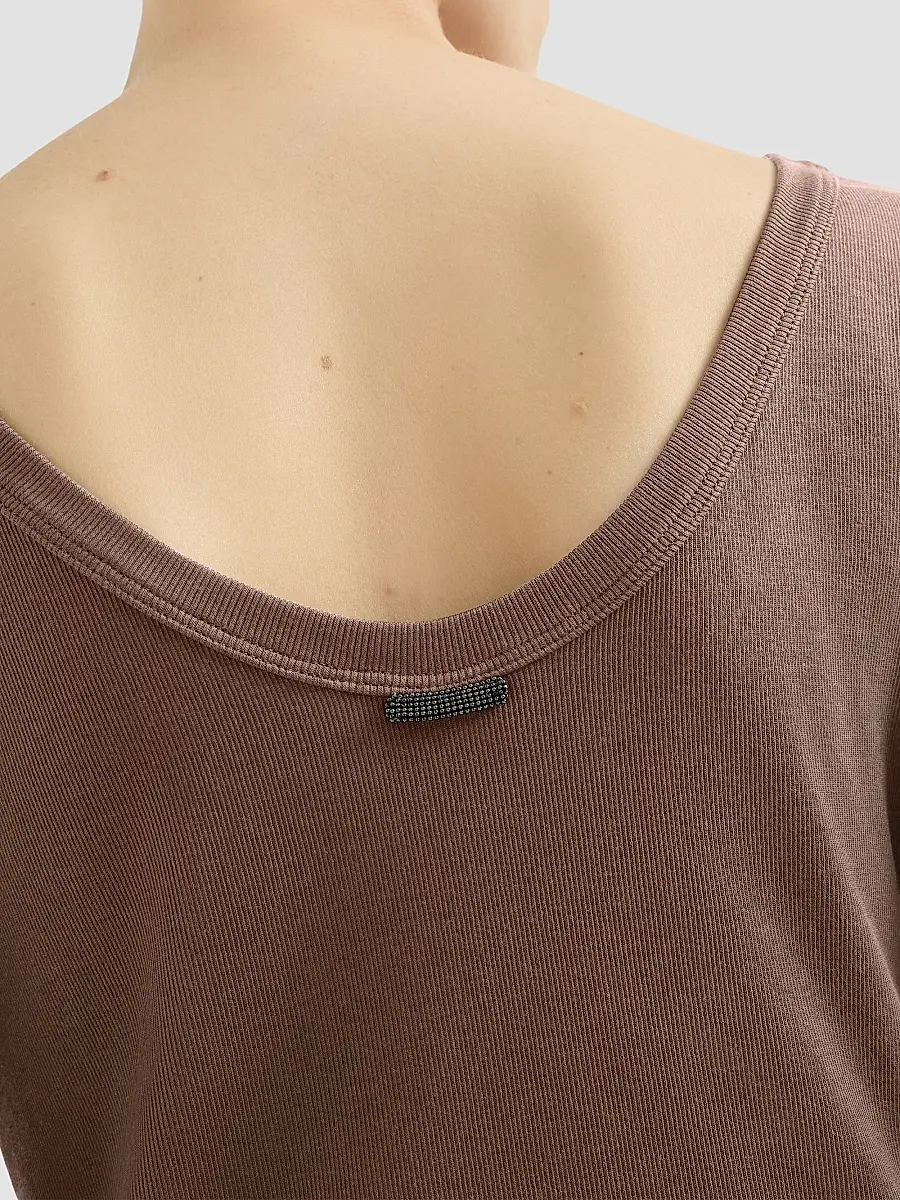 Brunello Cucinelli Women's Stretch Cotton Ribbed Jersey T-Shirt with Monili - Pine Cone Brown | Thumbnail 6